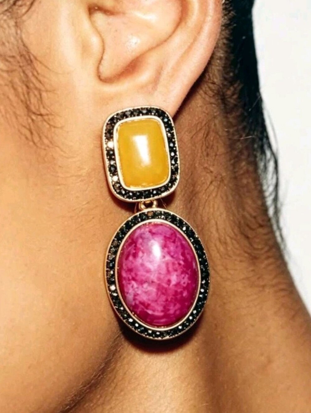 NEW! ZARA Statement Gold-Tone Pink & Orange Stone Drop Post Earrings
